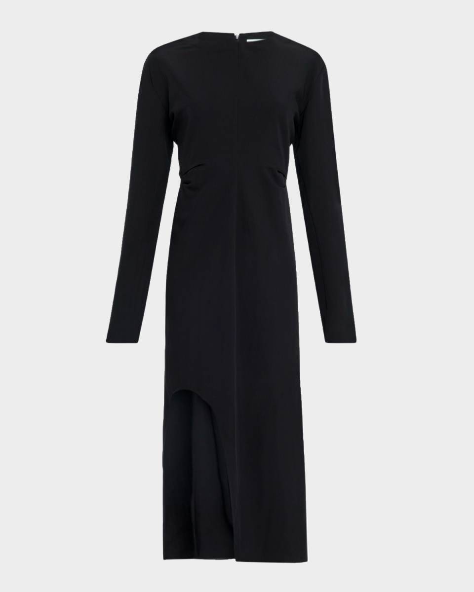 Keyhole Slit Ruched Long-Sleeve Midi Dress